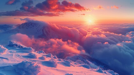   Sun descends behind clouds while snowy mountains loom in the distance - obrazy, fototapety, plakaty