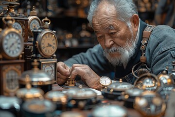 Elderly man examining collection of clocks