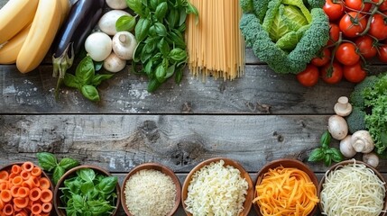   Bowls brimming with diverse veggies nestled beside a mound of pasta - obrazy, fototapety, plakaty