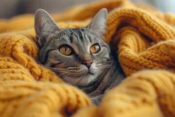 Gray cat resting on yellow blanket - obrazy, fototapety, plakaty