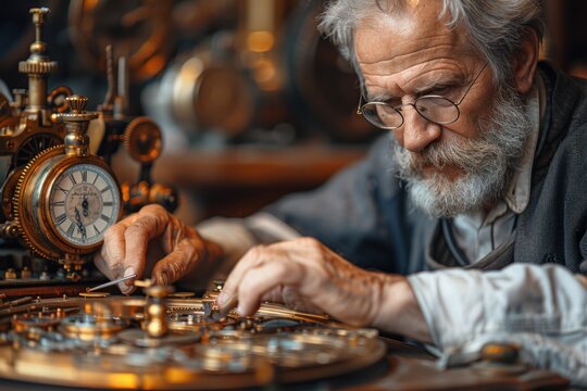 Skilled horologist repairing vintage clock