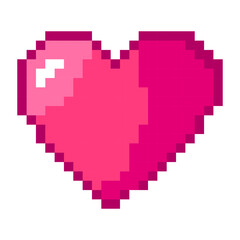 Fototapeta premium Summer vacation icons set in pixel art design isolated on white background, 80s-90s, digital vintage game style. Pixeled pink heart