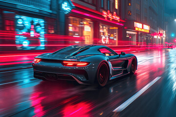 Speeding sports car in neon-lit city at night