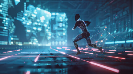 A digital human figure in athletic wear running on an indoor track, with data visualizations of various health and fitness charts behind it. - obrazy, fototapety, plakaty