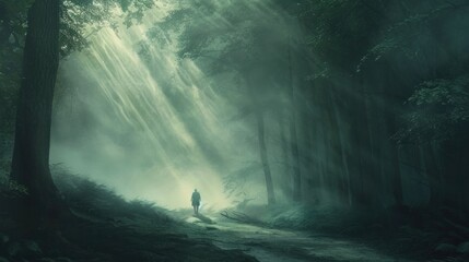 Lone figure walking through foggy forest, guided by mystic light - obrazy, fototapety, plakaty