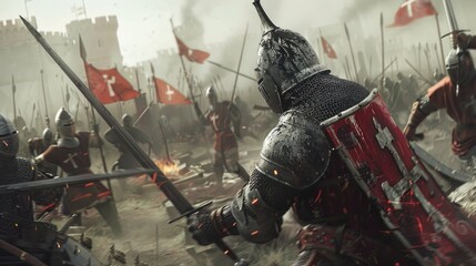 Medieval Knights Clashing on Battlefield - obrazy, fototapety, plakaty