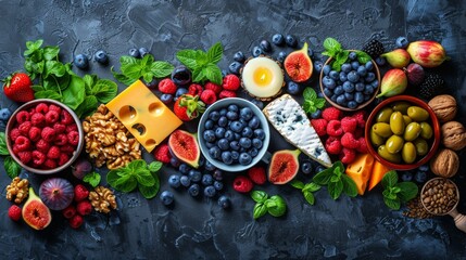   An array of fruits, dairy products, nuts, and other edibles rests on a dark surface, showcasing grapes, raspberries, blueberries, walnuts,
