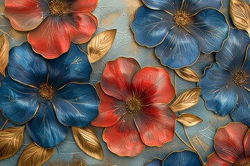 This image features a sophisticated wall art of metallic gold-outlined flowers in vibrant blue and red tones