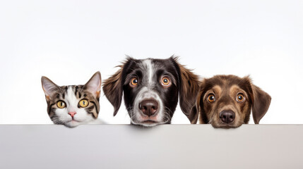 Surprised dog and cat peeking behind a white banner on a white background. Poster mockup for a veterinary clinic or pet store. Pet shocked by discounts on seasonal sales.