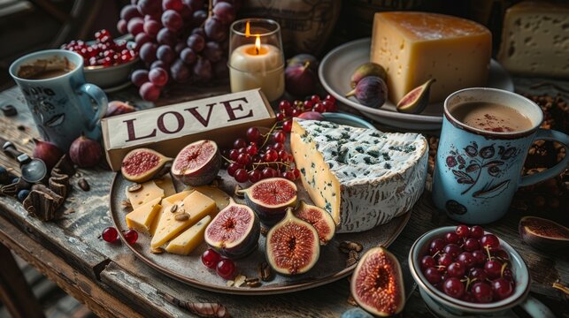   A table with cheese, fruit, and coffee, signed love