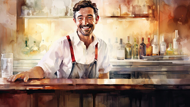 A male bartender in an apron stands near the bar counter. Illustration in watercolor paint style.