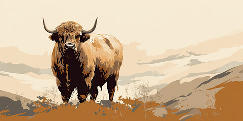 A large shaggy bull on a pasture in the highlands. Livestock vintage sketch in brown and beige tones.