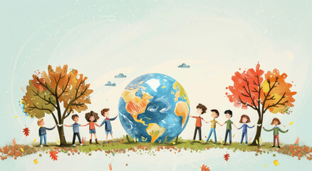 Obraz premium A group of children standing around the Earth, holding hands and smiling at each other; The background is an autumn forest with trees that have left their leaves on them