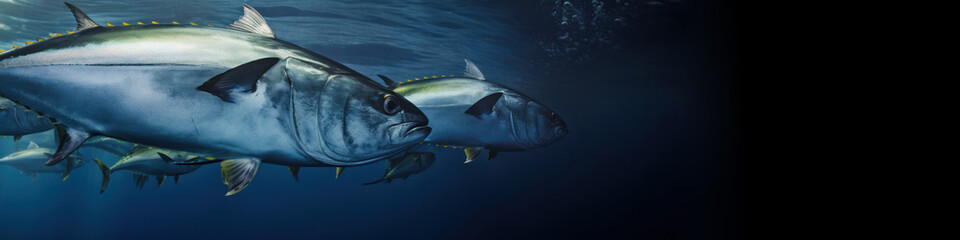 Large group of tuna in dark ocean water. Wide angle view of advertising banner for seafood store.