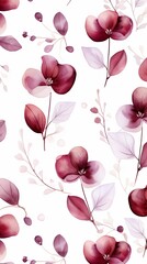 Maroon flower petals and leaves on white background seamless watercolor pattern spring floral backdrop