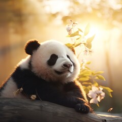 panda on a tree branch.
Concept: wildlife conservation, endangered species, zoo or environmental campaigns.