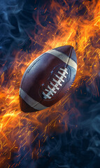 American football engulfed in fierce flames, smoke and sparks.