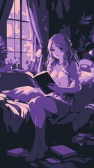 A beautiful and cute woman reading a book on a bed, rendered in a vibrant and colorful anime style, vector illustration