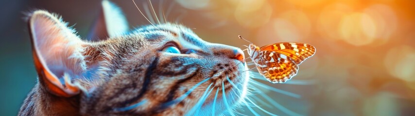 A cat with spotted fur watches the flight of an orange butterfly in the sunlight
Concept: nature conservation, animals and their habitats - obrazy, fototapety, plakaty