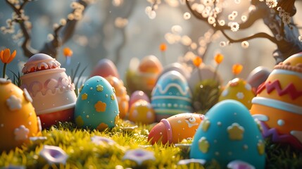 Fototapeta na wymiar Easter Celebration: Tradition, Culture, Religion, Christianity, Art, Social Issues, Springtime Grass, Multi-Colored Eggs, Sunny Nature, Freshness, Creativity, Design, Group of Objects