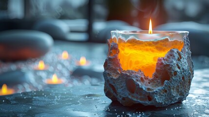   A candle sits atop a table alongside rocks and a stack of candles