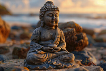 Serene Buddha Statue at Beach Sunset: A Symbol of Peace and Mindfulness