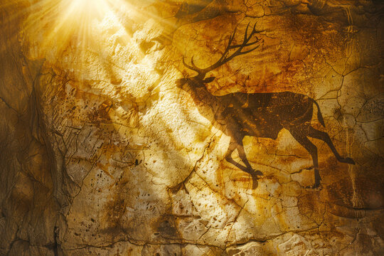 Ancient hunt on the wall of the cave ocher. prehistorical art.