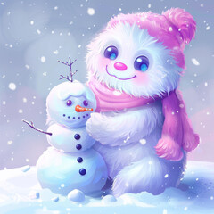 2D kawaii cute baby yeti building a snowman, wrapping it with a neon pink scarf