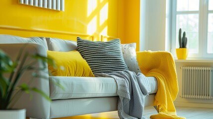 Stylish interior room air heater for home comfort in hot yellow and white with grey color palette