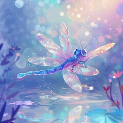 2D kawaii cute dragonfly hovering over a pond, mirroring dazzling, iridescent wings