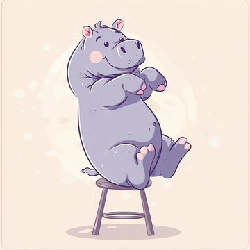 2D kawaii cute hippo practicing ballet, gracefully balancing on a tiny stool