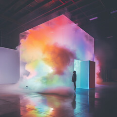 person in a doorway with colourful smoke splash.Minimal creative interior and environment concept.
