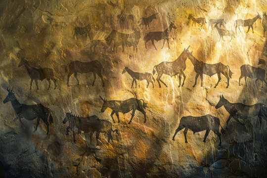Cave art pattern made of ancient wild animals, horses and hunters.