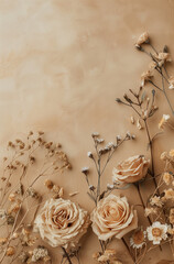 Beige and cream flowers against beige background.Minimal creative nature concept.Copy space,flat lay