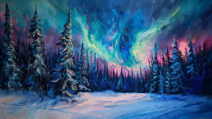 Enchanting Digital Oil Artwork of Aurora Over Snow-Clad Pines - obrazy, fototapety, plakaty