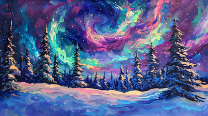 Vibrant Digital Oil Painting of Northern Lights Over Snowy Forest
