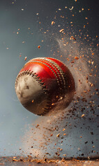 Red cricket ball in motion with dust exploding around it.