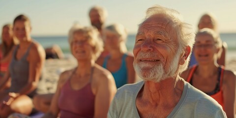joyful senior man smiling at a beach yoga session, with a group of older adults in the background, promoting health and social engagement among seniors, for wellness programs or community-building  - Powered by Adobe
