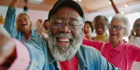 senior man joyfully leads a group of dancing seniors, their energy and smiles portraying a vibrant social life and promoting events or services for community engagement and active senior lifestyle 