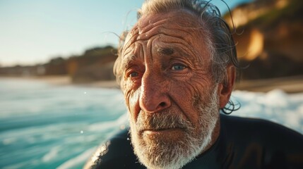 A senior man in a wetsuit is immersed in the ocean, his face contemplative, promoting senior...