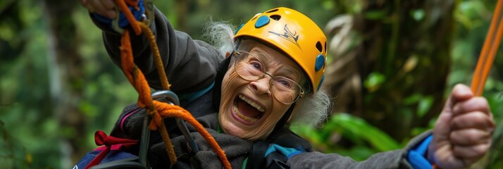 An elderly woman exhibits joy while zip-lining in a forest, ideal for showcasing active lifestyles in retirement or for use in adventurous senior travel programs.