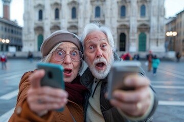An elderly couple appears astonished as they take selfies with smartphones, potentially advertising...