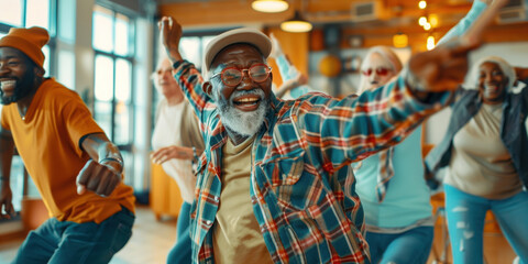 Energetic seniors dance together with gusto, their motion a compelling showcase for the joy of social connection, great for promoting dance classes or community centers focused on senior well-being. - obrazy, fototapety, plakaty