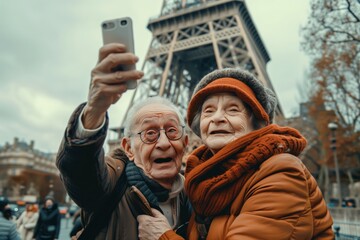 Elderly friends take a selfie with the Eiffel Tower in the background, ideal for illustrating travel destinations for retirees or capturing precious moments in iconic locations.