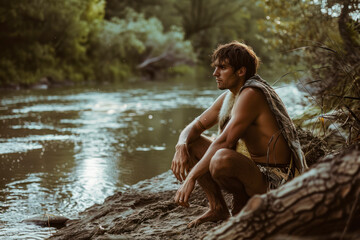Prehistoric man near river.
