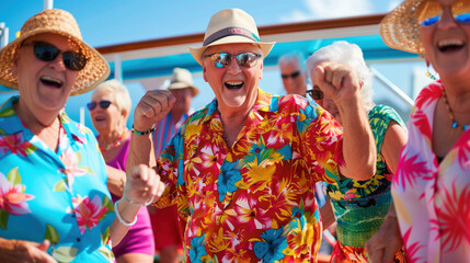 A group of seniors in Hawaiian shirts celebrating, perfect for senior cruise travel promotions and festive vacation themes.