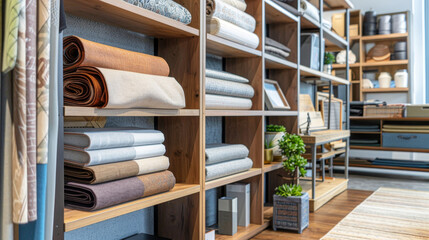 Wooden shelves neatly stacked with towels and home linens.