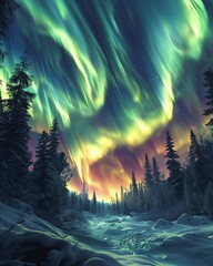 Northern lights dancing across the night sky, a symphony of colors ,3DCG,clean sharp focus