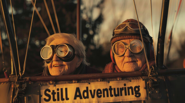 Two spirited seniors wearing goggles in a hot air balloon with a "Still Adventuring" sign, lifelong exploration, for inspiring senior travel or promoting adventure experiences for the elderly