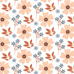 Botanical pattern on a transparent background. Decorative vintage flowers and twigs in flat style. Seamless pattern for textile, wrapping paper, background.